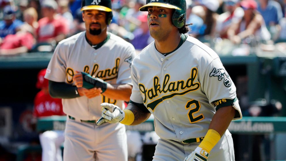 Oakland Athletics Khris Davis (2) celebrates hist two-run home run with Marcus Semien (10), left, during the third inning of a baseball game, Sunday, June 9, 2019, in Arlington, Texas. (AP Photo/Michael Ainsworth)