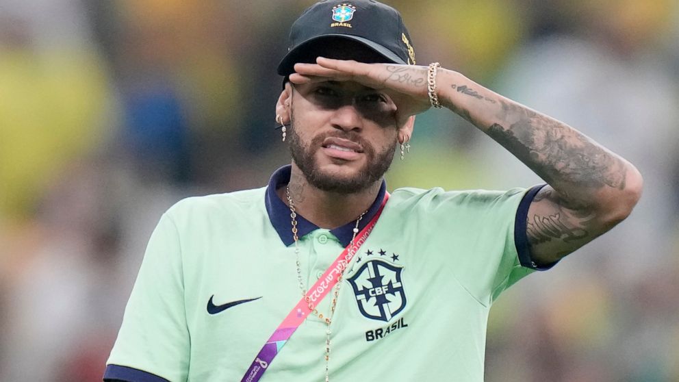 Brazil's Neymar gestures after the World Cup group G soccer match between Cameroon and Brazil, at the Lusail Stadium in Lusail, Qatar, Friday, Dec. 2, 2022. (AP Photo/Moises Castillo)