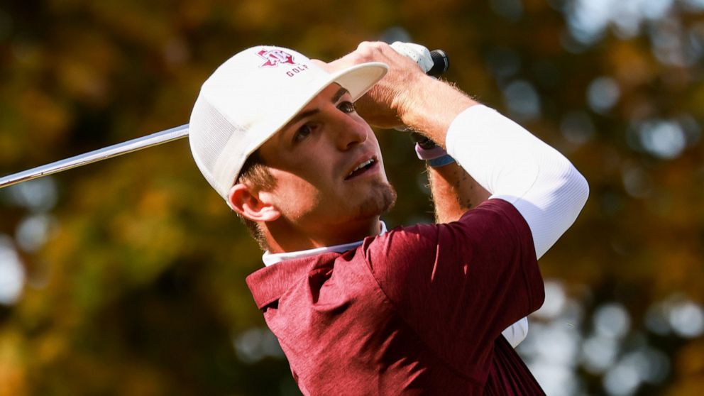FILE - Sam Bennett of Texas A&M tees off from the third hole during an NCAA golf tournament on Sunday, Oct. 24, 2021, in Alpharetta, Ga. Bennett was a mixture of joy and exhaustion upon making it through 36-hole U.S. Open qualifying for the first tim