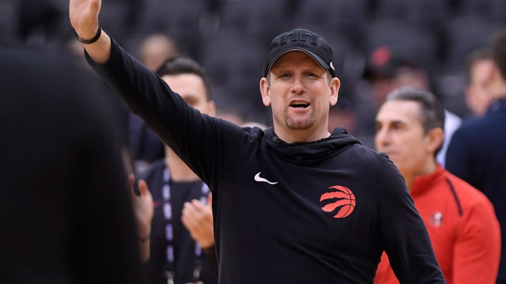 Toronto Raptors coach Nick Nurse direct his players during basketball practice at the NBA Finals in Toronto, Saturday, June 1, 2019. (Nathan Denette/The Canadian Press via AP)