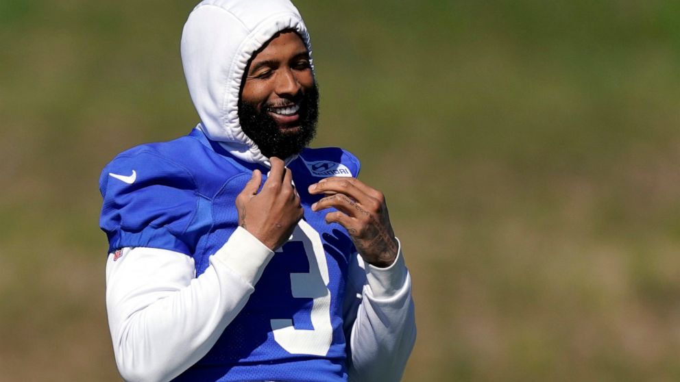 Los Angeles Rams wide receiver Odell Beckham Jr. stands on the field during practice for an NFL Super Bowl football game Wednesday, Feb. 9, 2022, in Thousand Oaks, Calif. The Rams are scheduled to play the Cincinnati Bengals in the Super Bowl on Sund