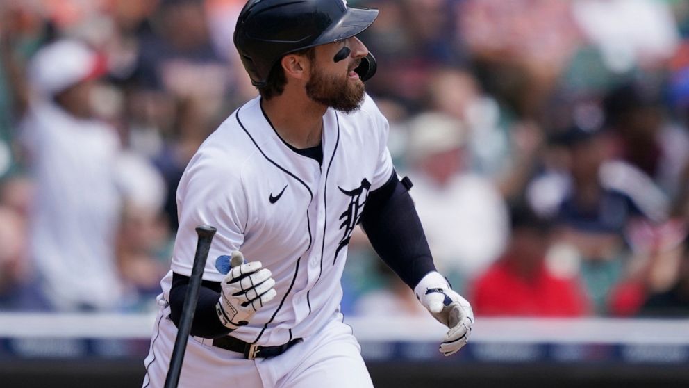 Detroit Tigers' Eric Haase watches his three-run home run to left field during the first inning of a baseball game against the Texas Rangers, Thursday, July 22, 2021, in Detroit. (AP Photo/Carlos Osorio)