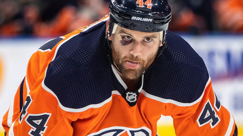 Edmonton Oilers' Zack Kassian (44) sports a black eye during the second period of the team's NHL hockey game against the Vancouver Canucks on Friday, April 29, 2022, in Edmonton, Alberta. (Jason Franson/The Canadian Press via AP)