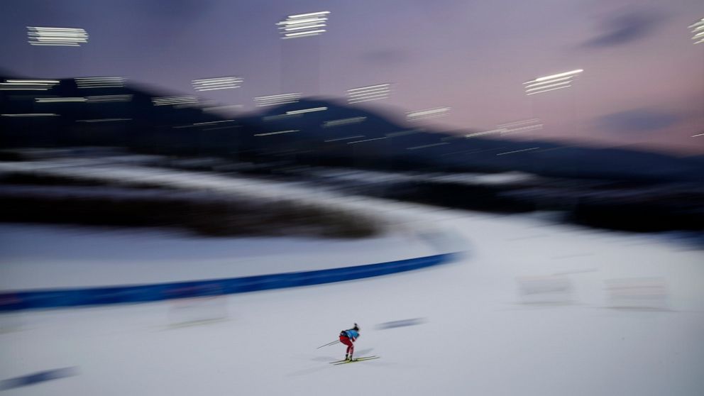 A Russian athlete trains during cross-country skiing session at the 2022 Winter Olympics, Wednesday, Feb. 9, 2022, in Zhangjiakou, China. (AP Photo/John Locher)