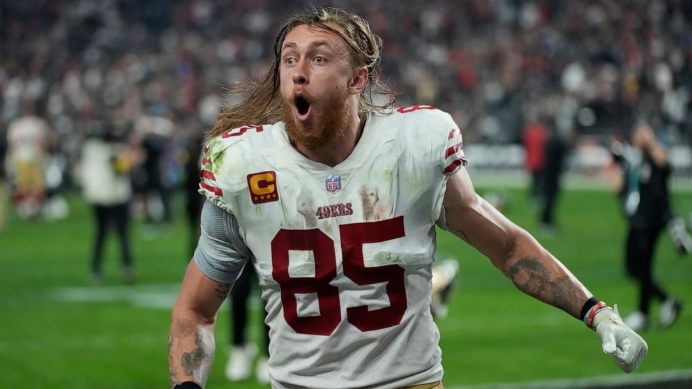 San Francisco 49ers tight end George Kittle (85) celebrates after their victory over the Las Vegas Raiders in an NFL football game between the San Francisco 49ers and Las Vegas Raiders, Sunday, Jan. 1, 2023, in Las Vegas. The 49ers defeated the Raide