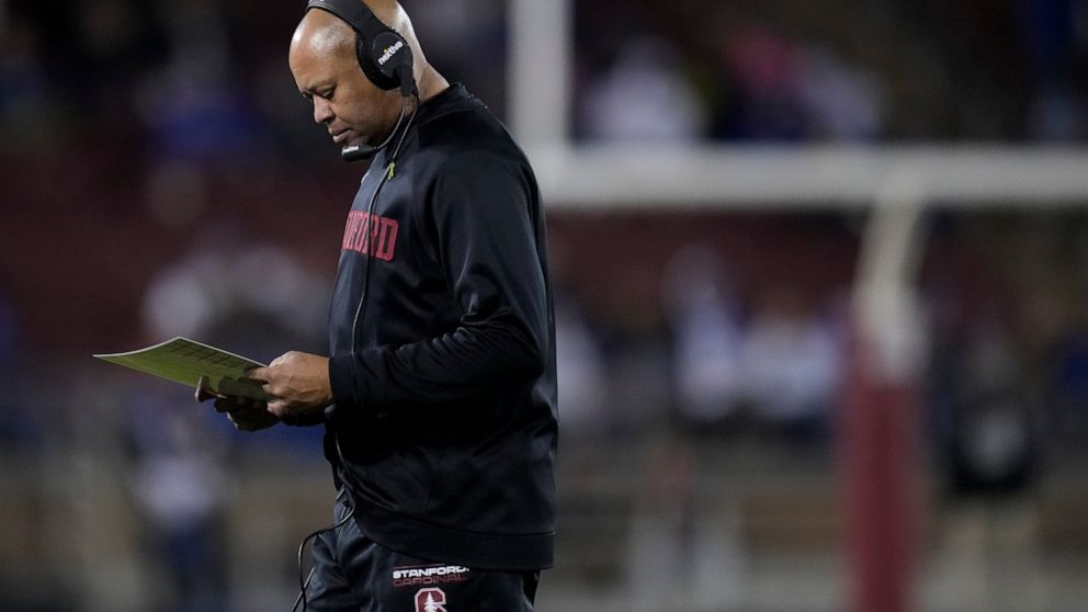 Stanford head coach David Shaw stands near the sideline during the second half of an NCAA college football game against BYU in Stanford, Calif., Saturday, Nov. 26, 2022. (AP Photo/Godofredo A. Vásquez)