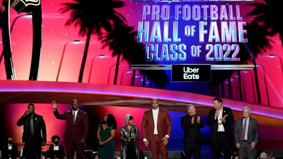 The 2022 NFL Football Hall of Fame class is seen during the NFL Honors show Thursday, Feb. 10, 2022, in Inglewood, Calif. The class is: Tony Boselli, LeRoy Butler, Sam Mills, Richard Seymour, Bryant Young, Cliff Branch, Art McNally and Dick Vermeil. 