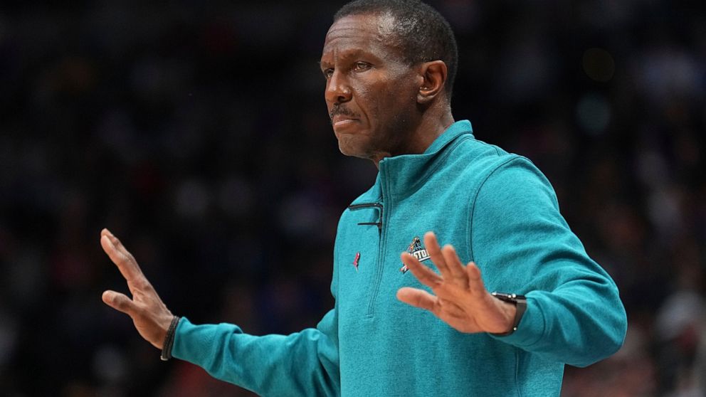 Detroit Pistons head coach Dwane Casey reacts against the Denver Nuggets during the second quarter of an NBA basketball game, Tuesday, Nov. 22, 2022, in Denver. (AP Photo/Jack Dempsey)