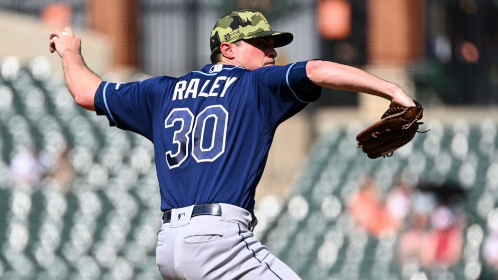 Tampa Bay Rays relief pitcher Brooks Raley (30) throws during the sixth inning of a baseball game against the Baltimore Orioles, Sunday, May 22, 2022, in Baltimore. (AP Photo/Terrance Williams)