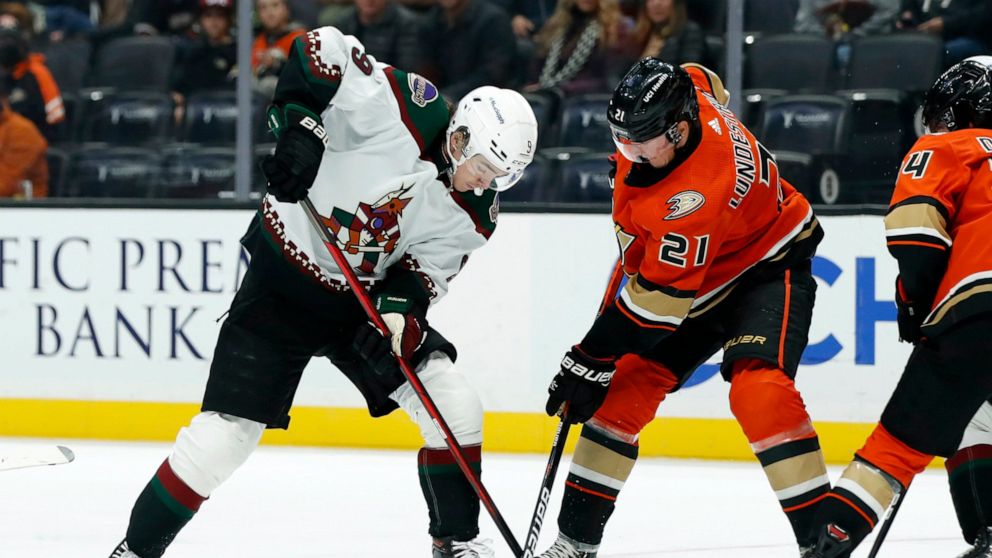 Arizona Coyotes right wing Clayton Keller, left, battles for the puck with Anaheim Ducks center Isac Lundestrom (21) during the first period of an NHL hockey game in Anaheim, Calif., Friday, Nov. 5, 2021. (AP Photo/Alex Gallardo)