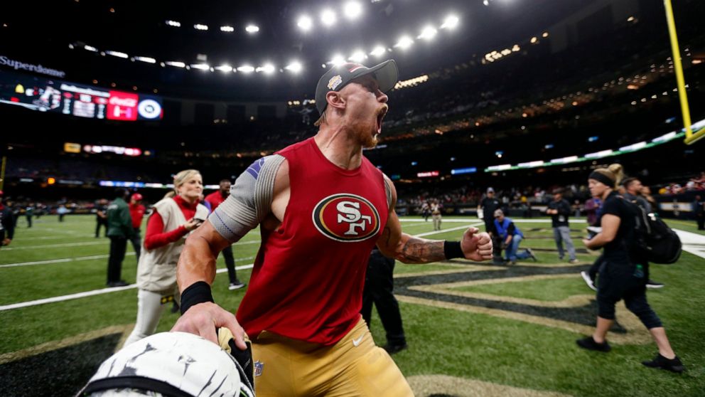 San Francisco 49ers tight end George Kittle celebrates after defeating the New Orleans Saints on a last second field goal, which was set up by his pass reception, after an NFL football game in New Orleans, Sunday, Dec. 8, 2019. The 49ers won 48-46. (