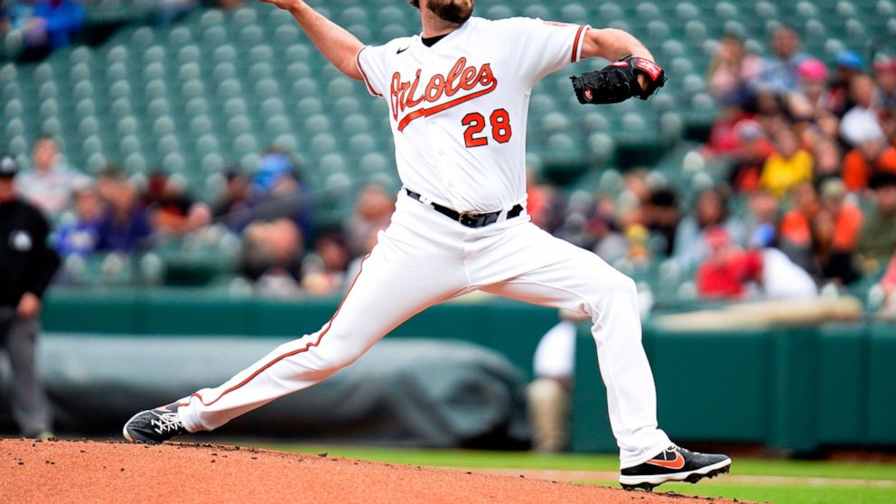 Baltimore Orioles starting pitcher Jordan Lyles throws during the first inning of a baseball game against the Boston Red Sox, Sunday, May 1, 2022, in Baltimore. (AP Photo/Julia Nikhinson)