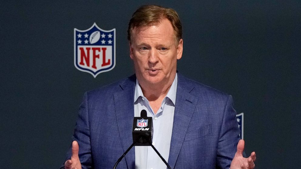 FILE - NFL Commissioner Roger Goodell speaks to the media after the close of the NFL owners' meeting on March 29, 2022, at The Breakers resort in Palm Beach, Fla. A judge on Thursday, Aug. 4, 2022, quickened the time it will take to rule whether Good