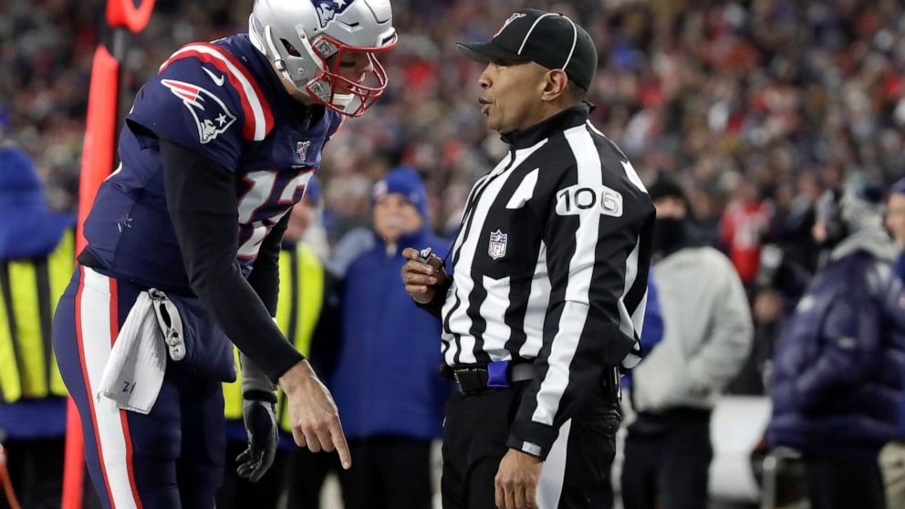 New England Patriots quarterback Tom Brady appeals to down judge Patrick Holt that wide receiver N'Keal Harry had scored a touchdown in the second half of an NFL football game against the Kansas City Chiefs, Sunday, Dec. 8, 2019, in Foxborough, Mass.
