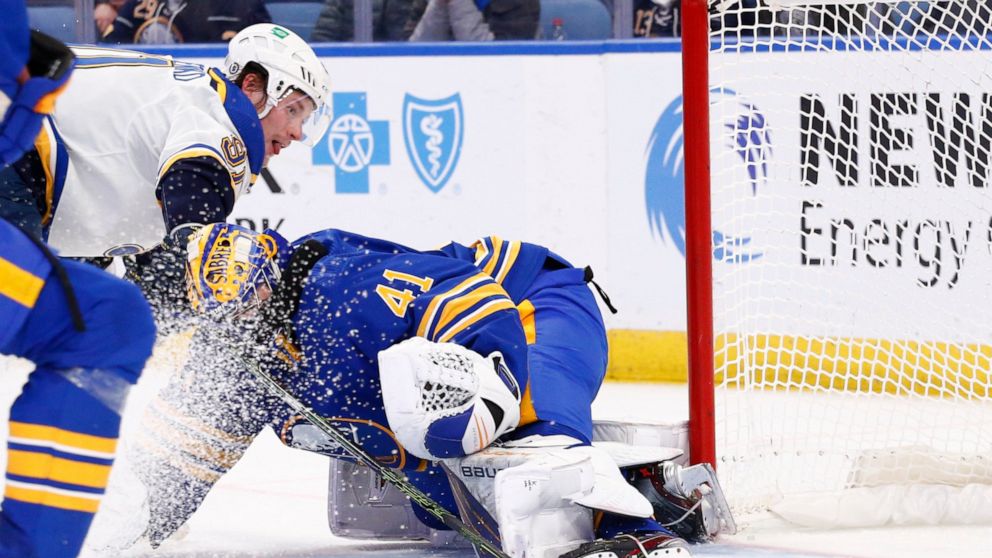 St. Louis Blues right wing Vladimir Tarasenko puts the puck past Buffalo Sabres goaltender Craig Anderson (41) for a goal during the second period of an NHL hockey game Thursday, April 14, 2022, in Buffalo, N.Y. (AP Photo/Jeffrey T. Barnes)