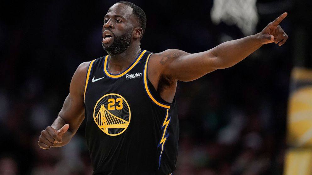 Golden State Warriors forward Draymond Green (23) reacts during the second quarter of Game 4 of basketball's NBA Finals against the Boston Celtics, Friday, June 10, 2022, in Boston. (AP Photo/Steven Senne)