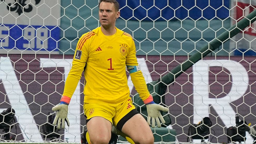 Germany's goalkeeper Manuel Neuer reacts after receiving a goal during the World Cup group E soccer match between Costa Rica and Germany at the Al Bayt Stadium in Al Khor , Qatar, Thursday, Dec. 1, 2022. (AP Photo/Martin Meissner)