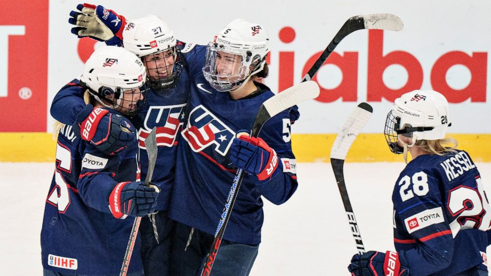 Taylor Heise of USA celebrates after scoring during The IIHF World Championship Woman's ice hockey semi-finals match between USA and Czech Republic in Herning, Denmark, Saturday, Sept. 3, 2022. (Henning Bagger/Ritzau Scanpix via AP)