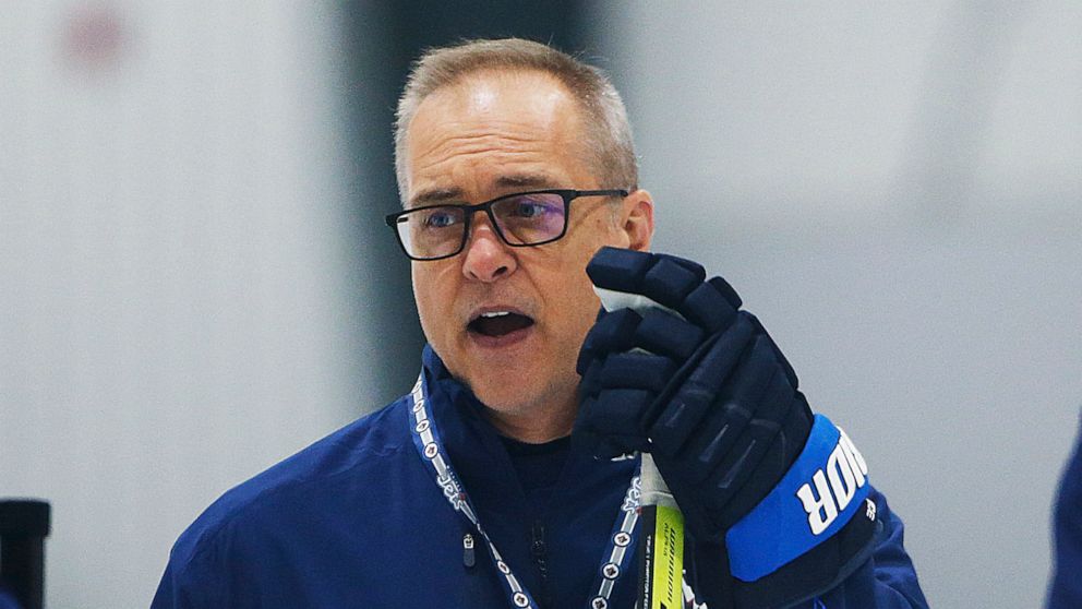 FILE -Winnipeg Jets head coach Paul Maurice talks to his players during NHL hockey training camp practice in Winnipeg, Friday, Sept. 24, 2021. A person with knowledge of the situation said Paul Maurice and the Florida Panthers were in the process Wed