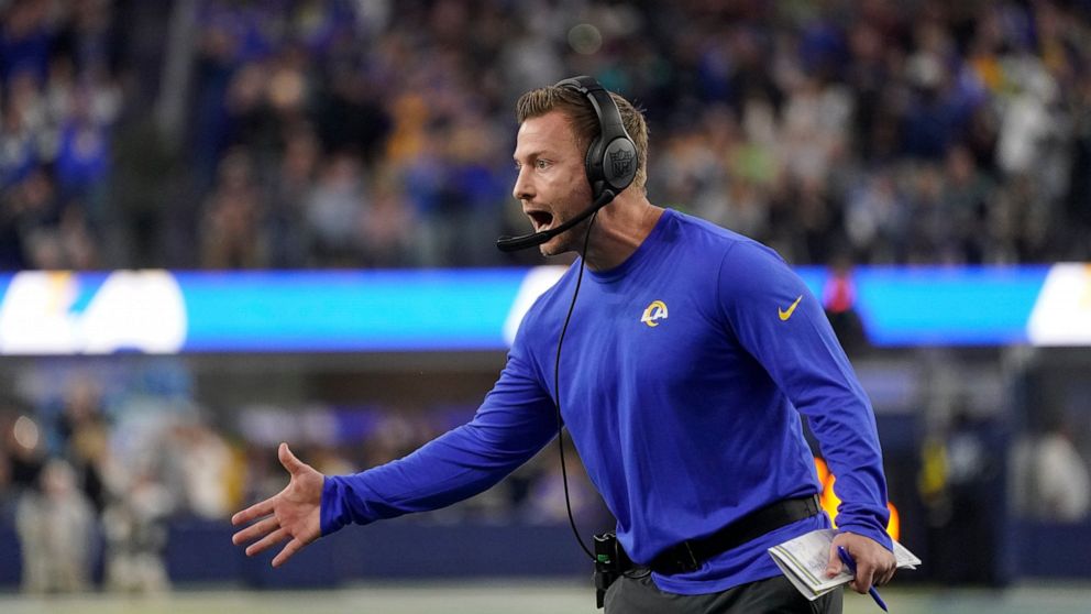 Los Angeles Rams head coach Sean McVay celebrates after a touchdown run by running back Cam Akers during the second half of an NFL football game against the Seattle Seahawks Sunday, Dec. 4, 2022, in Inglewood, Calif. (AP Photo/Mark J. Terrill)