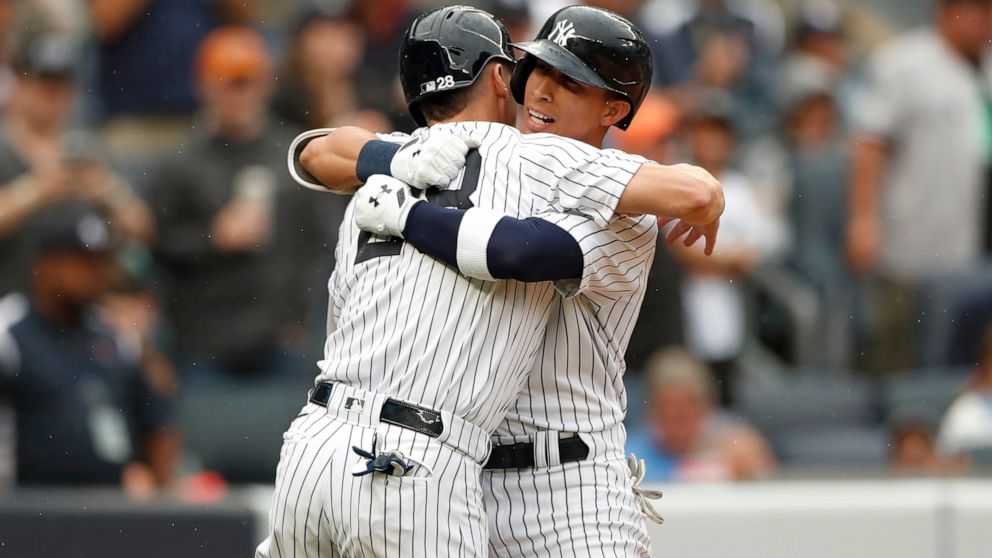 New York Yankees' Oswaldo Cabrera, right, celebrates with Josh Donaldson after hitting a home run during the second inning a baseball game against the Tampa Bay Rays on Sunday, Sept. 11, 2022, in New York. (AP Photo/Noah K. Murray)