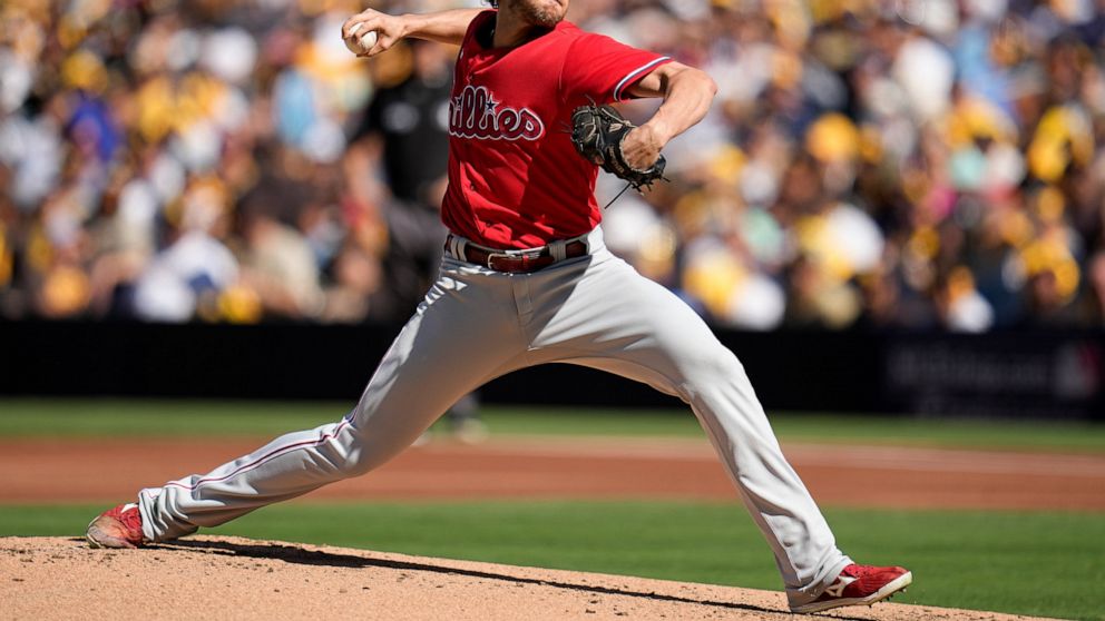 Philadelphia Phillies starting pitcher Aaron Nola throws against the San Diego Padres during the first inning in Game 2 of the baseball NL Championship Series between the San Diego Padres and the Philadelphia Phillies on Wednesday, Oct. 19, 2022, in 