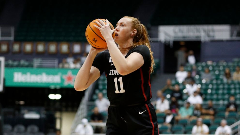 Stanford forward Ashten Prechtel (11) attempts a shot over Hawaii during the third quarter of an NCAA college basketball game, Sunday, Nov. 27, 2022, in Honolulu. (AP Photo/Marco Garcia)
