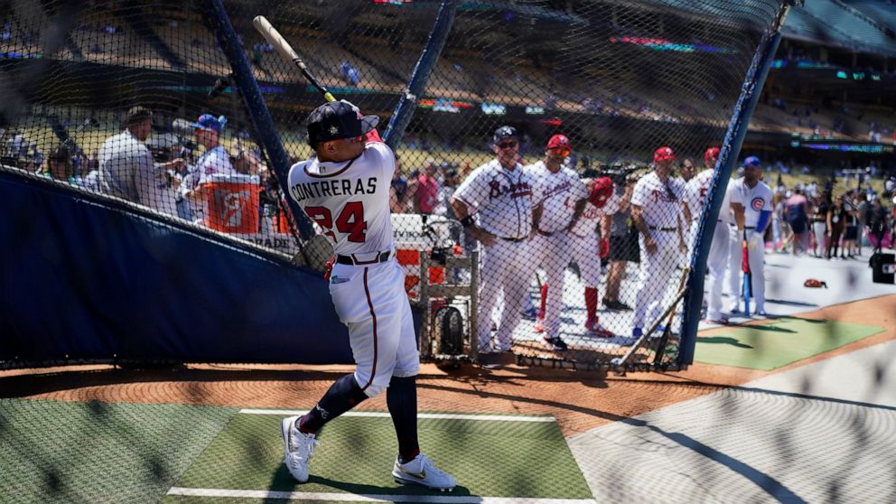 Atlanta Braves' William Contreras takes batting practice a day before the 2022 MLB All-Star baseball game, Monday, July 18, 2022, in Los Angeles. (AP Photo/Jae C. Hong)