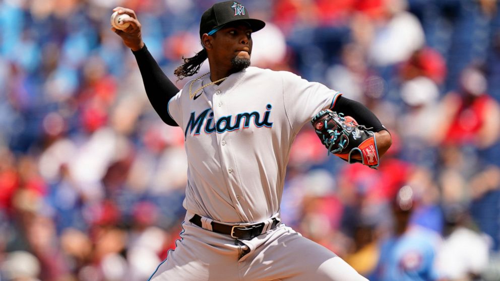 Miami Marlins' Edward Cabrera pitches during the second inning of a baseball game against the Philadelphia Phillies, Thursday, Aug. 11, 2022, in Philadelphia. (AP Photo/Matt Slocum)