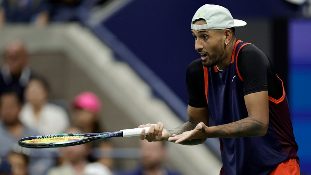 Nick Kyrgios, of Australia, reacts to his play against Daniil Medvedev, of Russia, during the fourth round of the U.S. Open tennis championships, Sunday, Sept. 4, 2022, in New York. (AP Photo/Adam Hunger)