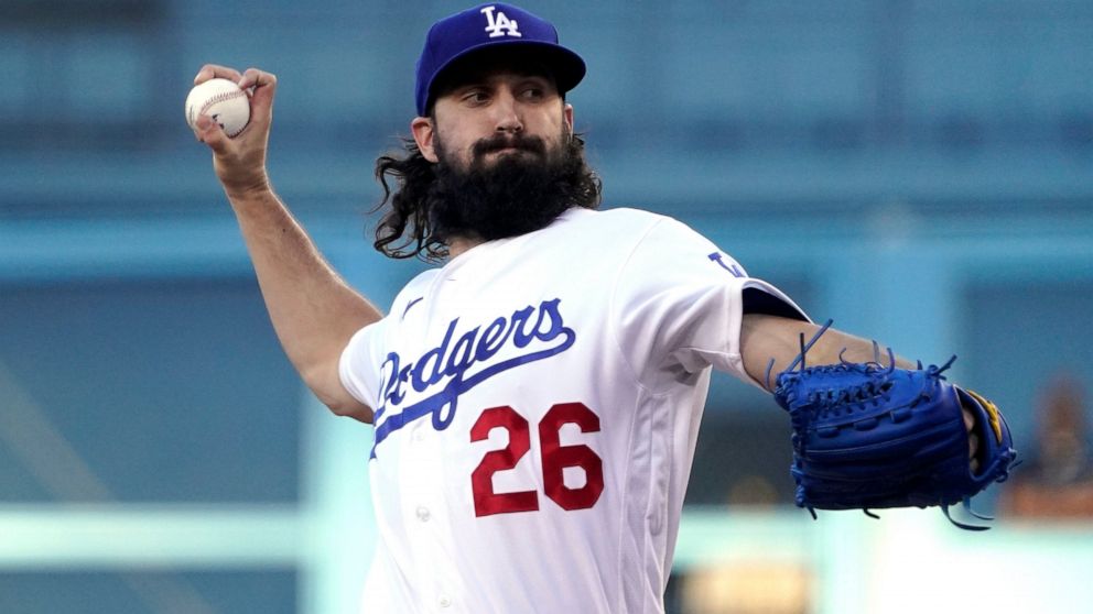 Los Angeles Dodgers starting pitcher Tony Gonsolin throws to the plate during the first inning of a baseball game against the San Diego Padres Friday, July 1, 2022, in Los Angeles. (AP Photo/Mark J. Terrill)