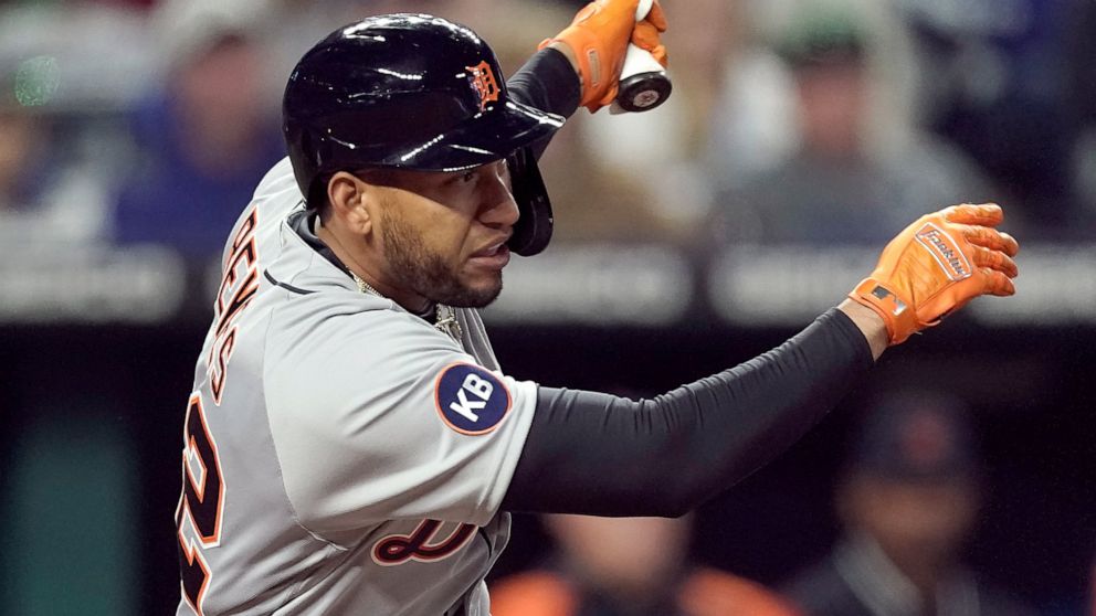 Detroit Tigers' Victor Reyes watches his RBI single during the seventh inning of a baseball game against the Kansas City Royals Thursday, April 14, 2022, in Kansas City, Mo. (AP Photo/Charlie Riedel)