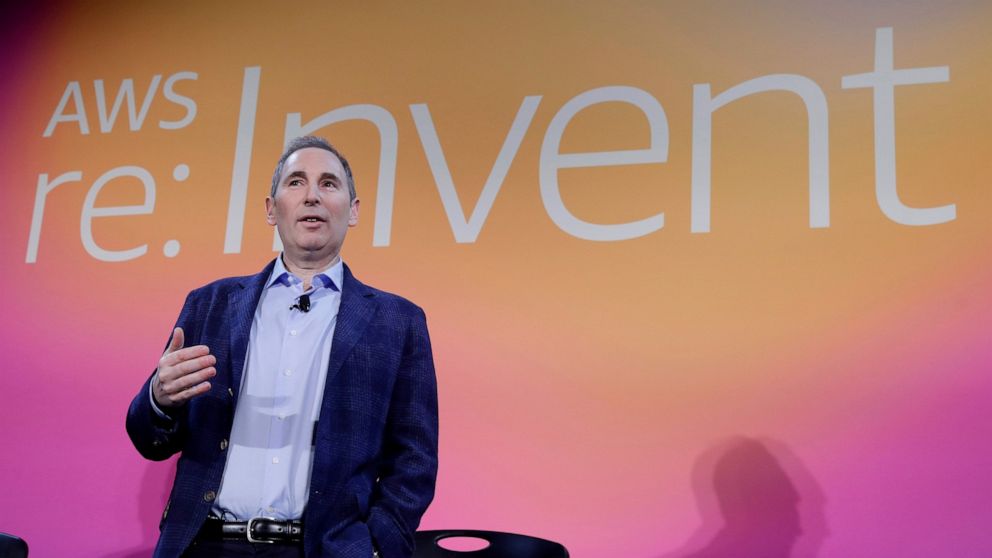 FILE - AWS CEO Andy Jassy discusses a new initiative with the NFL during AWS re:Invent 2019 in Las Vegas, on Dec. 5, 2019. Amazon CEO Jassy said Wednesday, Nov. 30, 2022, that the company does not have plans to stop selling the antisemitic film that 