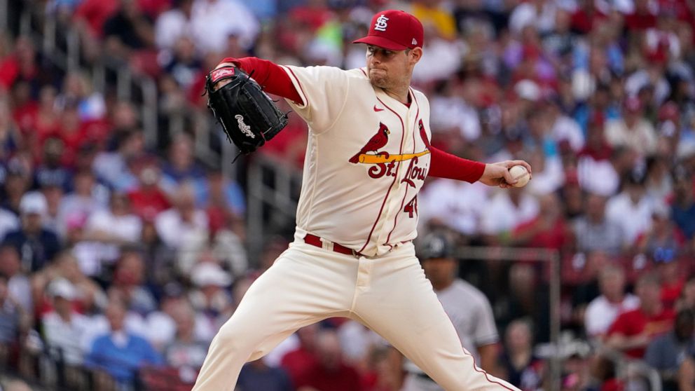 St. Louis Cardinals starting pitcher Jordan Montgomery throws during the first inning of a baseball game against the New York Yankees Saturday, Aug. 6, 2022, in St. Louis. (AP Photo/Jeff Roberson)