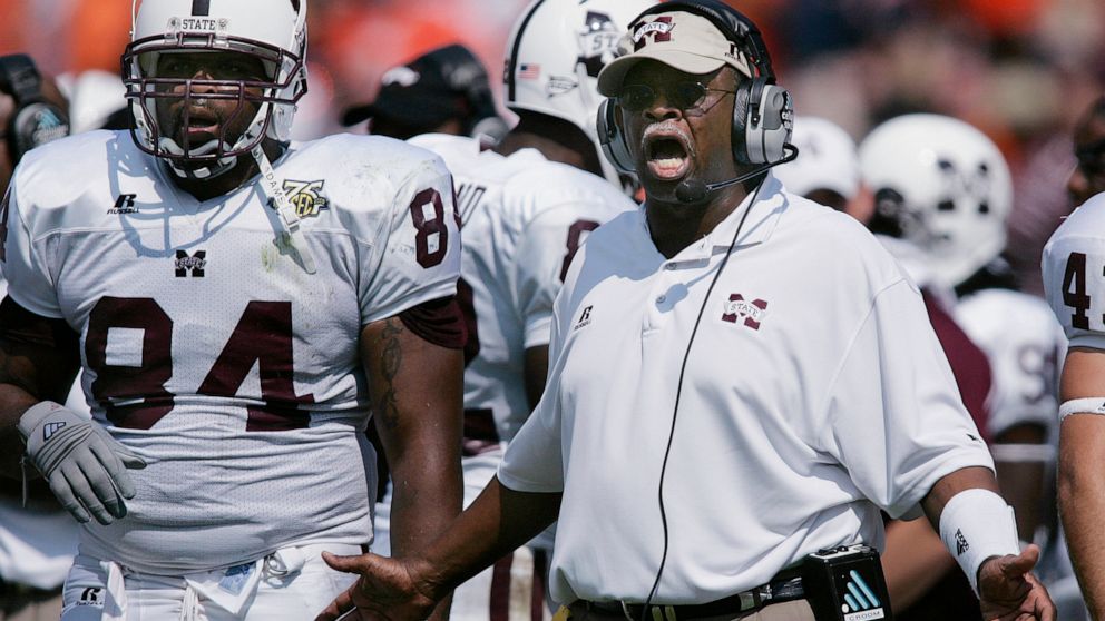 FILE - Mississippi State coach Sylvester Croom yells to the team near the end of a 19-14 win over Auburn in an NCAA college football game at Jordan-Hare Stadium in Auburn, Ala., Sept. 15, 2007. Croom had a Hall of Fame career as an offensive lineman 
