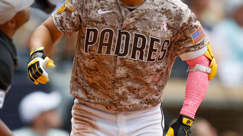San Diego Padres' Ha Seong reacts after flying out to left field against the Miami Marlins during the fifth inning of a baseball game, Sunday, May 08, 2022, in San Diego. (AP Photo/Mike McGinnis)