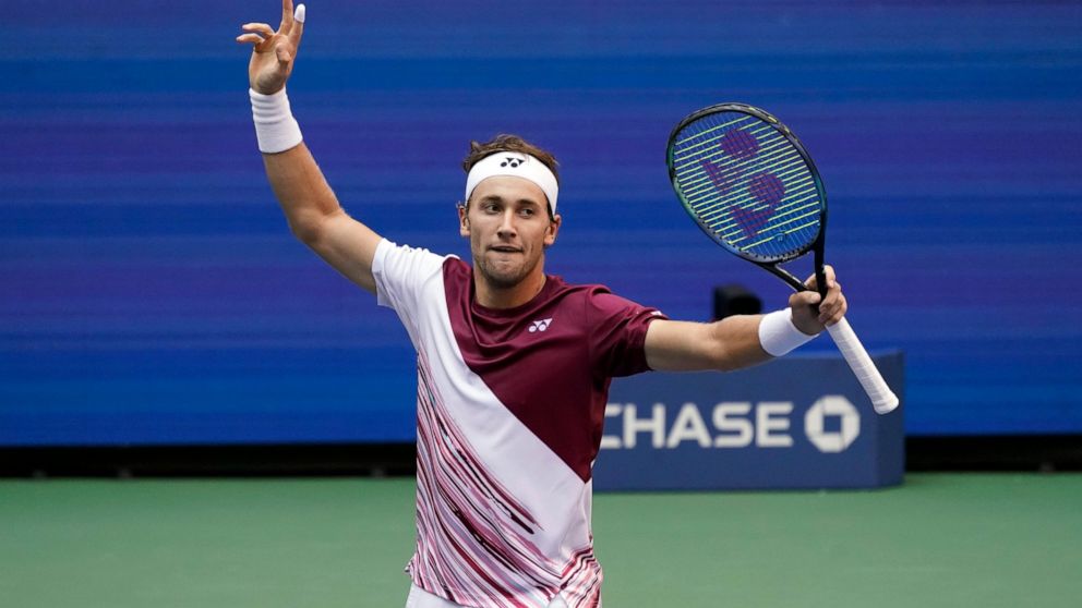 Casper Ruud, of Norway, celebrates winning the first set against Karen Khachanov, of Russia, during the semifinals of the U.S. Open tennis championships, Friday, Sept. 9, 2022, in New York. (AP Photo/Mary Altaffer)