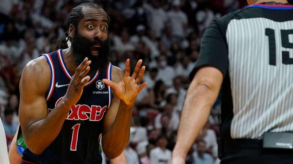 Philadelphia 76ers guard James Harden (1) reacts to a call by referee Zach Zarba (15) during the second half of Game 2 of an NBA basketball second-round playoff series against the Miami Heat, Wednesday, May 4, 2022, in Miami. (AP Photo/Marta Lavandier)