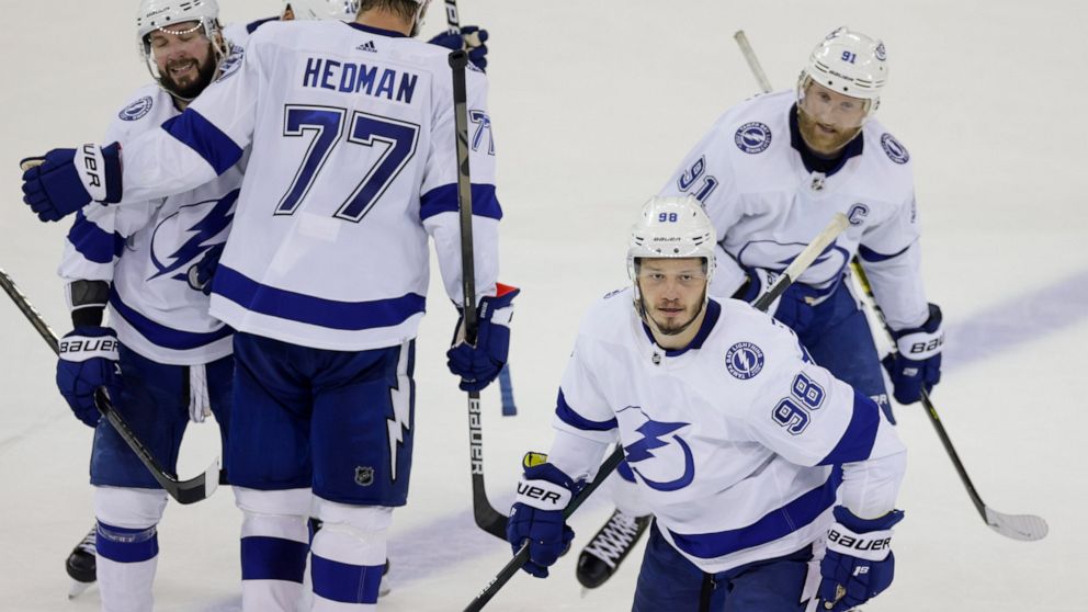 Tampa Bay Lightning defenseman Mikhail Sergachev (98) heads to the bench after scoring a goal against the New York Rangers during the third period in Game 5 of the NHL Hockey Stanley Cup playoffs Eastern Conference Finals, Thursday, June 9, 2022, in 