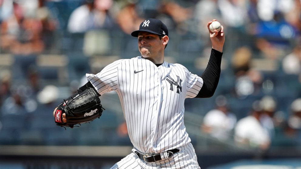New York Yankees starting pitcher Jordan Montgomery throws against the Kansas City Royals during the second inning of a baseball game, Sunday, July 31, 2022, in New York. (AP Photo/Noah K. Murray)