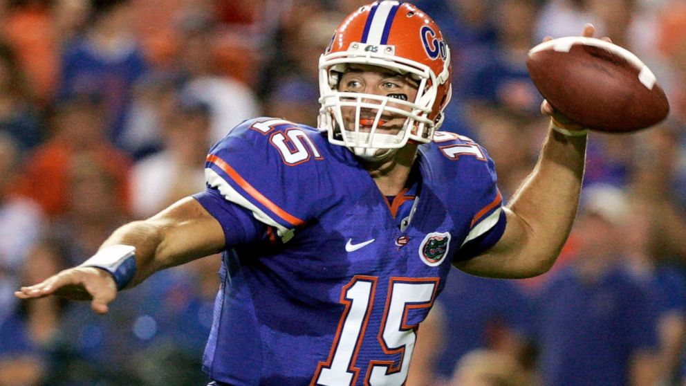 FILE - Florida quarterback Tim Tebow throws a pass during the first half of an NCAA college football game against LSU in Gainesville, Fla., Oct. 11, 2008. Tebow, who led Florida to two national championships and won a Heisman Trophy, is among the for