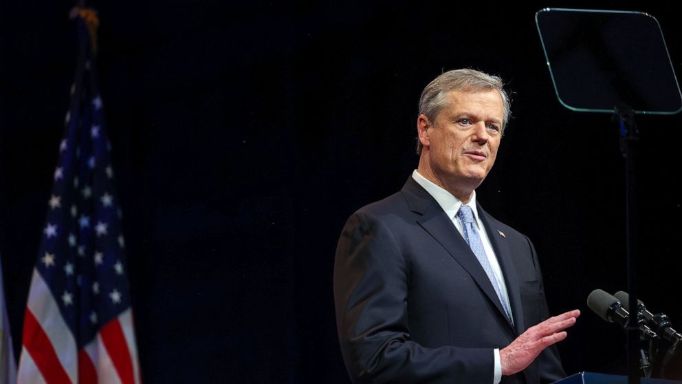 FILE - Massachusetts Gov. Charlie Baker delivers the State of the Commonwealth address, Tuesday, Jan. 25, 2022, at the Hynes Convention Center in Boston. Charlie Baker will be the next president of the NCAA, replacing Mark Emmert as the head of the l