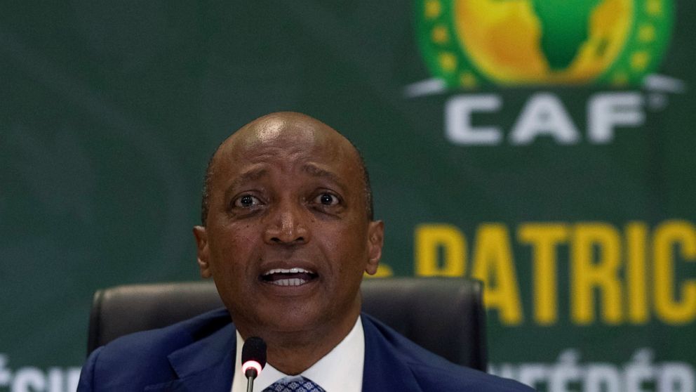 FILE - Confederation of African Football (CAF) President Patrice Motsepe speaks during a news conference in Johannesburg, South Africa, Tuesday, March 16, 2021. The African soccer confederation announced late Friday, Sept. 30, 2022 that it has remove