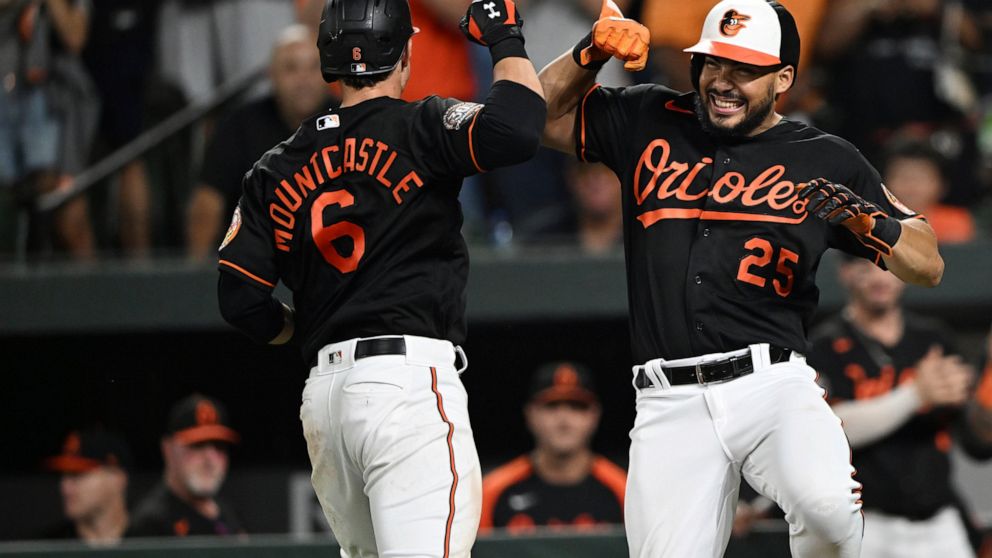 Baltimore Orioles' Anthony Santander, right, and Ryan Mountcastle celebrate Mountcastle's home run against the Boston Red Sox during the fourth inning of a baseball game Friday, Aug. 19, 2022, in Baltimore. Santander also homered in the game. (AP Pho