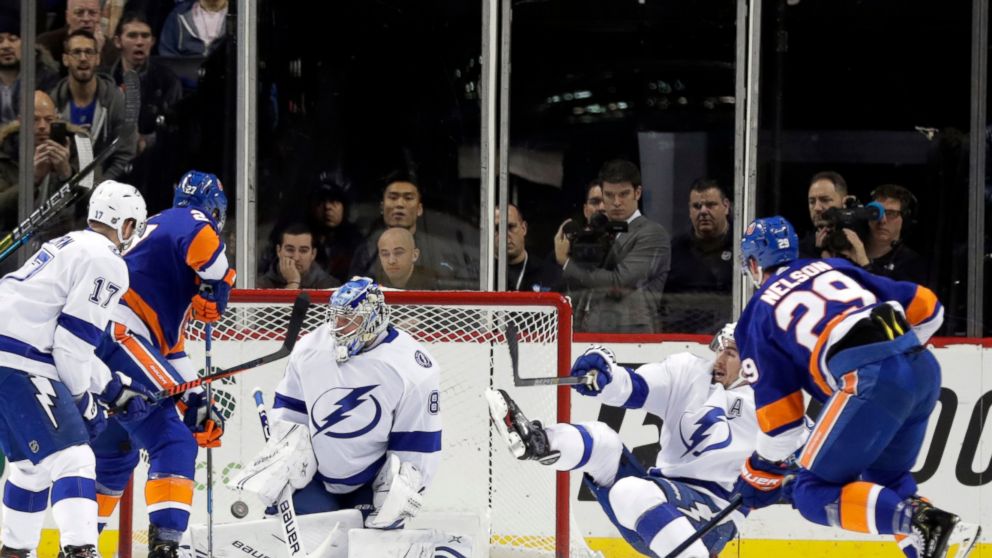 New York Islanders' Brock Nelson (29) shoots the puck past Tampa Bay Lightning goaltender Andrei Vasilevskiy (88) during the first period of an NHL hockey game Sunday, Jan. 13, 2019, in New York. (AP Photo/Frank Franklin II)