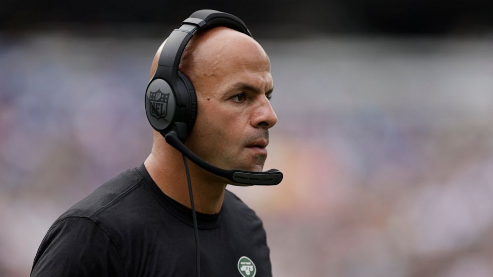 FILE - New York Jets head coach Robert Saleh works the sidelines in the first half of a preseason NFL football game against the New York Giants, Sunday, Aug. 28, 2022, in East Rutherford, N.J. Saleh's New York Jets will open the NFL regular season ag