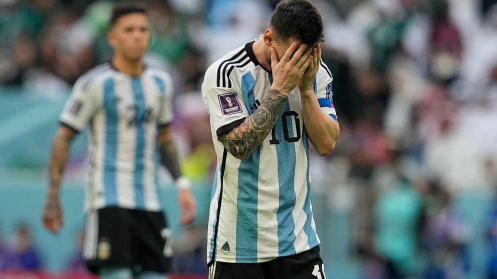 Argentina's Lionel Messi reacts after missing a chance during the World Cup group C soccer match between Argentina and Saudi Arabia at the Lusail Stadium in Lusail, Qatar, Tuesday, Nov. 22, 2022. (AP Photo/Ebrahim Noroozi)