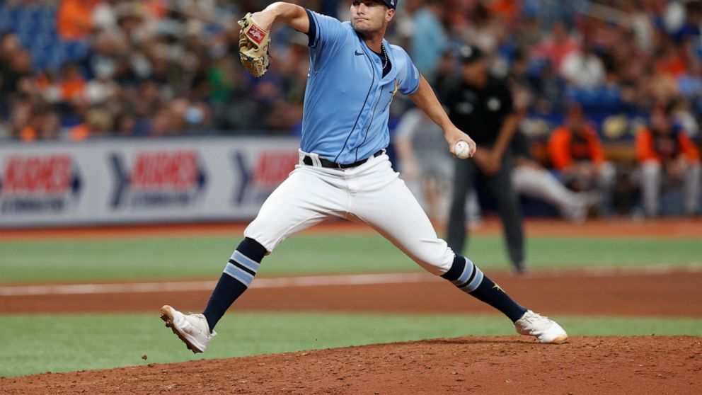 Tampa Bay Rays starting pitcher Shane McClanahan throws to a Baltimore Orioles batter during the sixth inning of a baseball game Saturday, Aug. 13, 2022, in St. Petersburg, Fla. (AP Photo/Scott Audette)