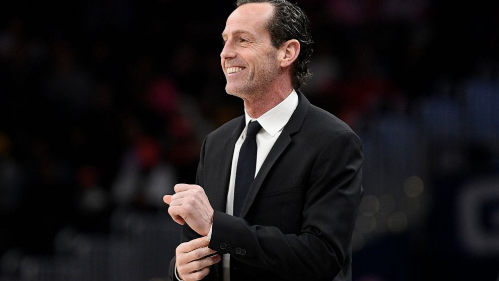 FILE - Brooklyn Nets coach Kenny Atkinson watches during the first half of the team's NBA basketball game against the Washington Wizards, Feb. 1, 2020, in Washington. The Charlotte Hornets have agreed to terms on a contract with Atkinson, now a Golde