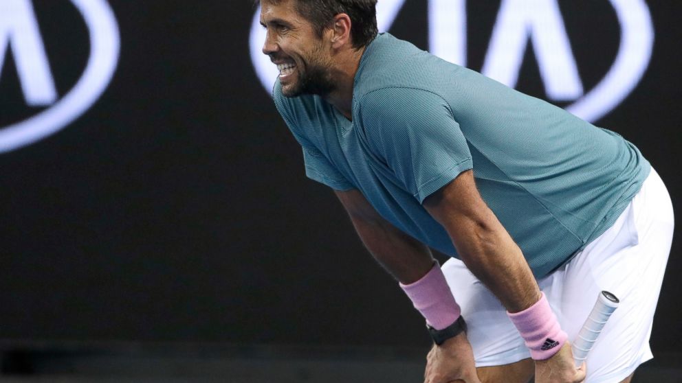 Spain's Fernando Verdasco reacts over a line call during his third round match against Croatia's Marin Cilic at the Australian Open tennis championships in Melbourne, Australia, Friday, Jan. 18, 2019. (AP Photo/Mark Schiefelbein)